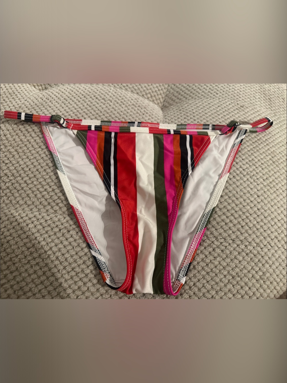 Striped Multicolor Women’s bikini botton- Vibrant Red, Pink & Olive